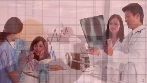Medical Professionals Reviewing Patient X-ray with Data Overlay