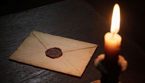 Sealed Vintage Wax Envelope on Dark Wood by Candlelight, Rustic Parchment Letter