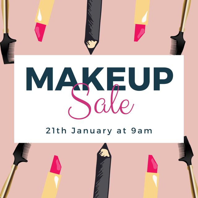 Graphic design promotes a makeup sale with vibrant beauty tools, including eyeliner, lipsticks, and brushes on a pink background. Perfect for use in cosmetic advertising, beauty product announcements, marketing for beauty stores, and special offer promotions.