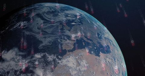 Global data streaming over Earth from orbit, sunlight-lit limb revealing cascading binary code