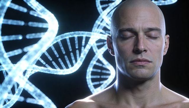 Bald man meditating with glowing dna helix holograms, futuristic genetics portrait