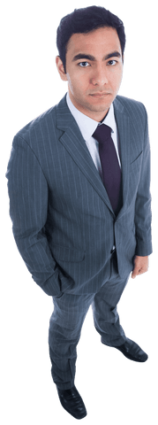 Serious Businessman in Gray Suit Looking at Camera on Transparent Background