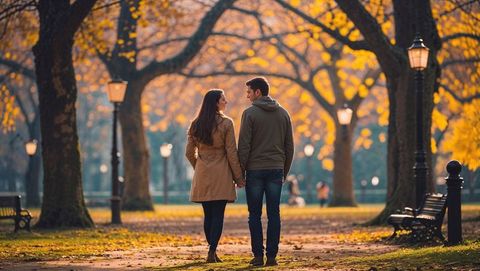 Romantic lovers strolling in scenic autumn park