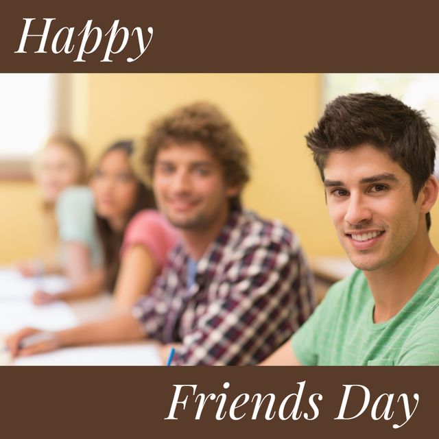 This image is ideal for celebrating Friendship Day as it depicts a diverse group of friends smiling and having a good time in a school setting. It can be used in social media posts, greetings cards, and blog articles focused on Friendship Day celebrations, friendship themes, and school life.