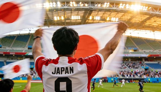 Passionate japanese soccer fan waving large national flag in packed stadium during match