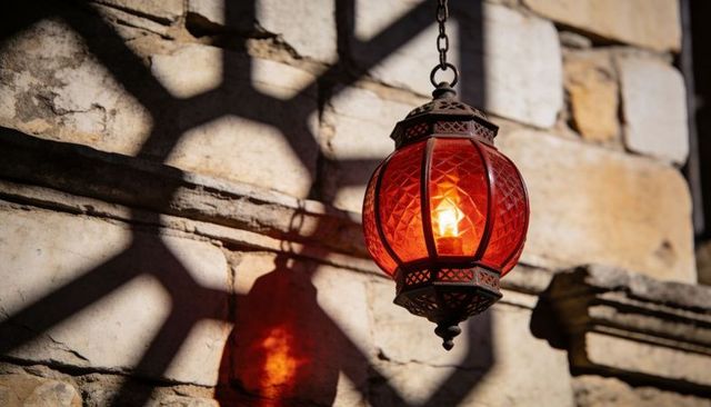 Ornate red lantern glowing on sunlit stone wall with decorative lattice shadow