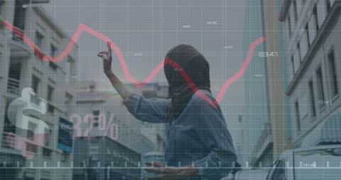 Abstract Financial Data Overlay on Woman with Smartphone