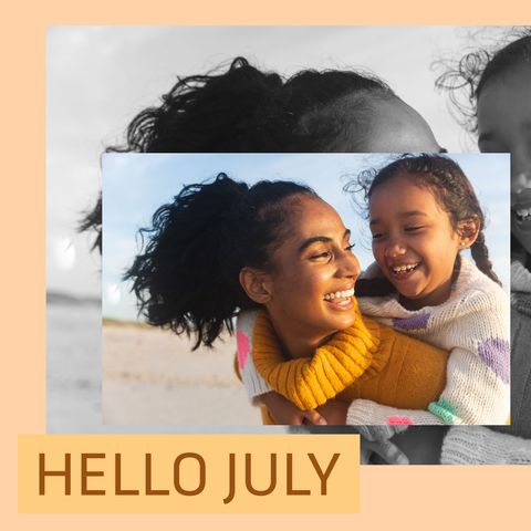 Happy Biracial Mother and Daughter at Beach with Hello July