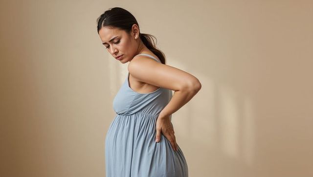 Pregnant woman holding lower back wearing maternity dress at home
