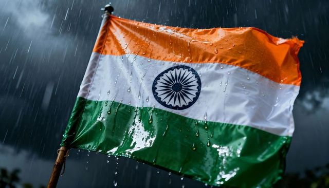Indian flag waving in heavy monsoon rain with ashoka chakra and dramatic dark sky