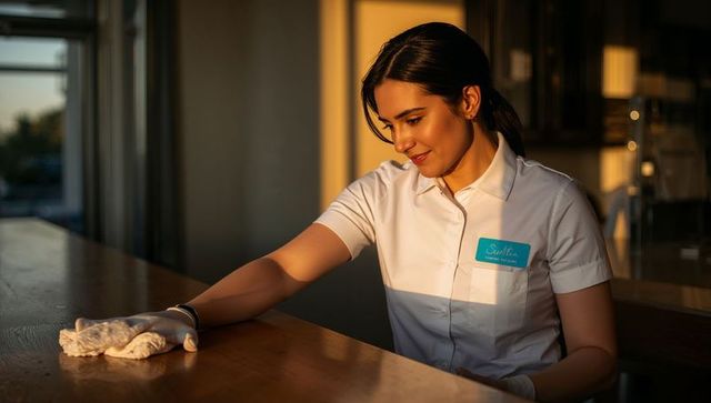 Smiling cafe staff cleaning sunlit counter wearing white uniform and teal name badge
