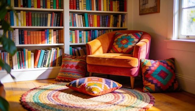 Cozy orange armchair sitting in sunlit reading nook with colorful cushions and braided rug