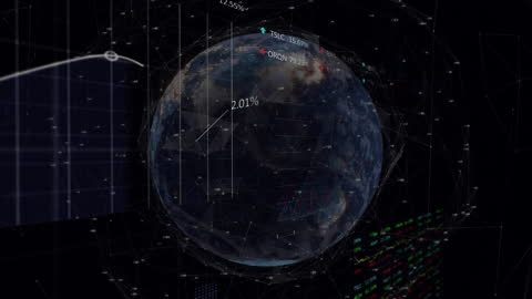Animated Stock Market Data Overlaying Globe Visualization