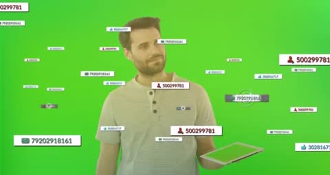 Man Using Futuristic Tablet with Social Media Metrics