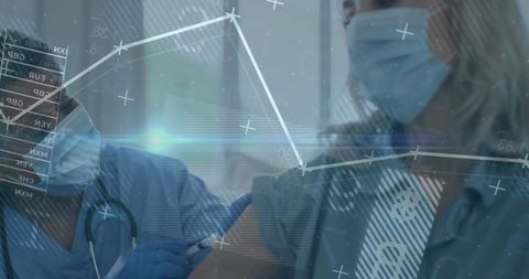 Nurse administering vaccine to patient with digital health data overlays and analytics