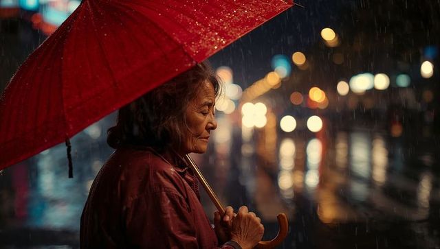 Senior asian woman standing under red umbrella on rainy neon street holding wooden crook