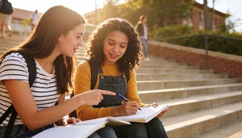 College students studying on campus steps during golden hour, sharing notes and ideas