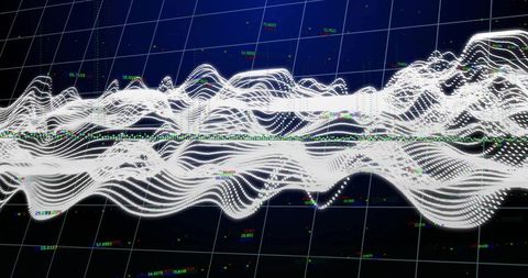 Futuristic white waveform flowing across dark 3D grid with neon data points and labels