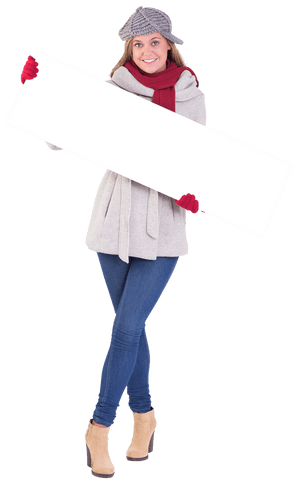 Smiling Woman in Winter Clothes Holding Transparent Banner