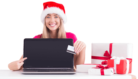 Transparent Online Holiday Shopping with Laptop and Festive Blonde Woman