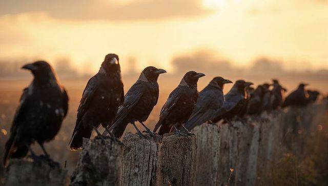 Ravens Perched on Rustic Fence at Dusk