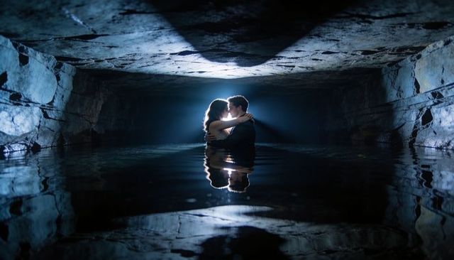 Backlit couple embracing in underground cavern reflecting in still water romantic silhouette