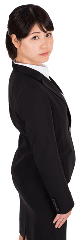 Serious asian businesswoman with neutral expression on transparent background
