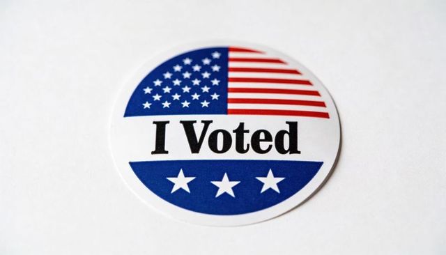 Displaying round american 'i voted' sticker on white surface for election and civic promotion