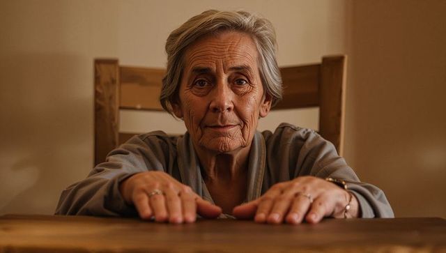 Senior woman resting hands on wooden table, wearing grey robe, contemplative warm portrait