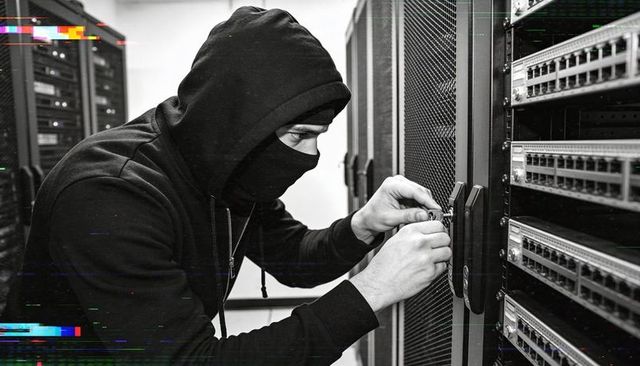 Masked intruder unlocking server rack door in data center representing cybersecurity breach