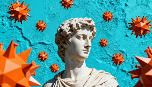Classical marble bust with orange geometric spikes floating against turquoise wall