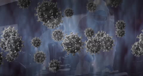 Floating Virus Cells over Blurry Medical Workers