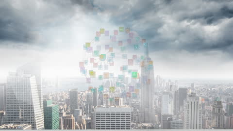 Digital Globe with Connections Overlooking Modern Cityscape