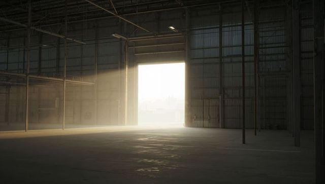 Sunbeams Flooding Hangar Doorway Revealing Backlit Industrial Warehouse Interior