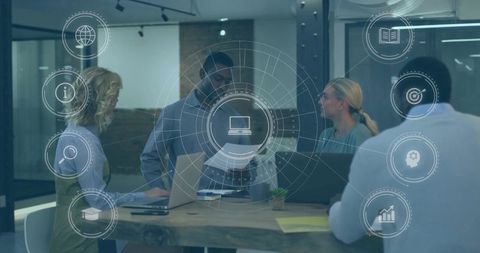 Team collaborating with augmented reality overlays in modern glass-walled open-plan meeting space
