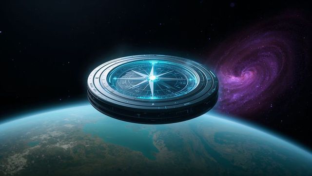Futuristic metallic compass hovering in space near planet
