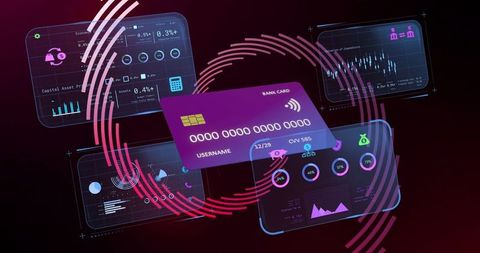 Futuristic bank card in digital cyberspace with data visualization