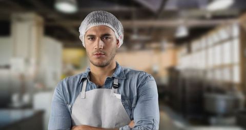 Confident Chef Wearing Apron with Crossed Arms in Commercial Kitchen