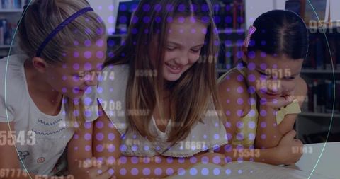 Three school girls engaged in reading book with modern overlay