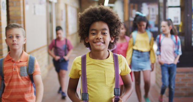 Group of diverse school children wearing backpacks walking down a school hallway smiling. This image is ideal for educational content, back-to-school promotions, and youth-oriented advertisements. Highlights diversity, school life, and positive energy, perfect for portraying unity and friendship among students.