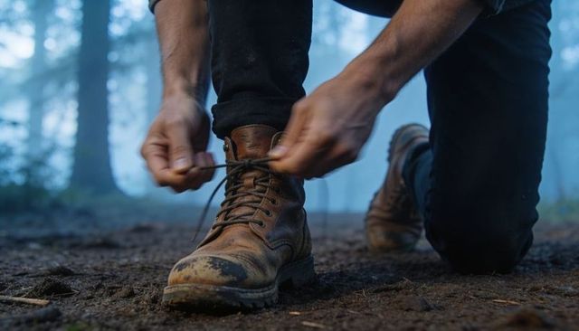 Kneeling hiker tying brown leather hiking boots on misty conifer forest trail