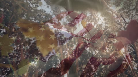 USA Flag with Autumn Trees Overlaid Abstract Background