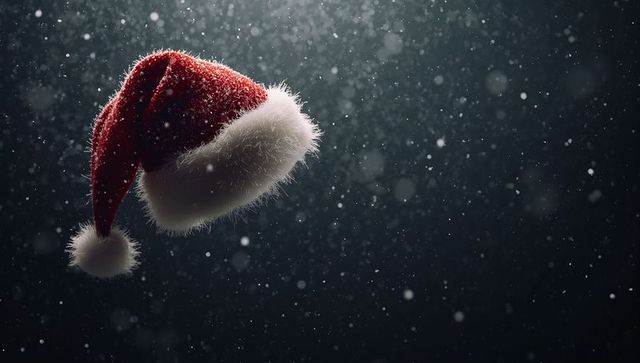Floating Santa Hat with Fluffy Fur Trim and Falling Snowflakes on Dark Bokeh Background