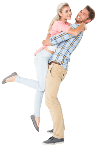 Joyful couple embracing in loving transparent moment
