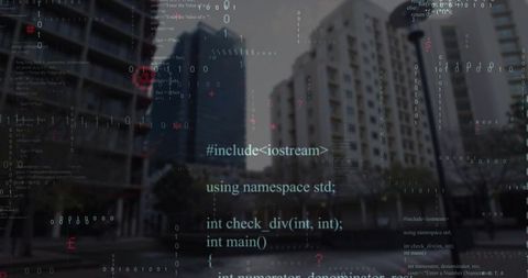 Futuristic c++ code projection on modern urban architecture