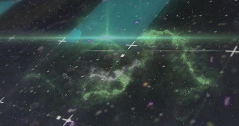 Green nebula stretching across futuristic hud grid with lens flares and crosshairs