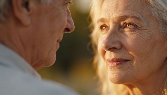 Senior couple sharing tender gaze and smiling in golden-hour garden at sunset