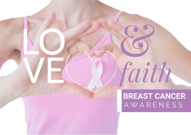 Editor can use this visually impactful design featuring a woman forming a heart shape over a pink cancer ribbon for health-related publications. Excellent for breast cancer awareness campaigns, motivational health posters, community support events, fundraising promotions, and social media initiatives to promote optimism and solidarity in the fight against breast cancer.