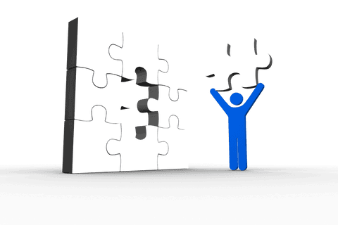 Blue character holding puzzle piece on transparent background