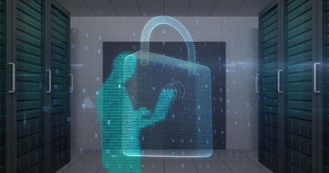 Digital Cybersecurity Concept with Holographic Padlock in Server Room